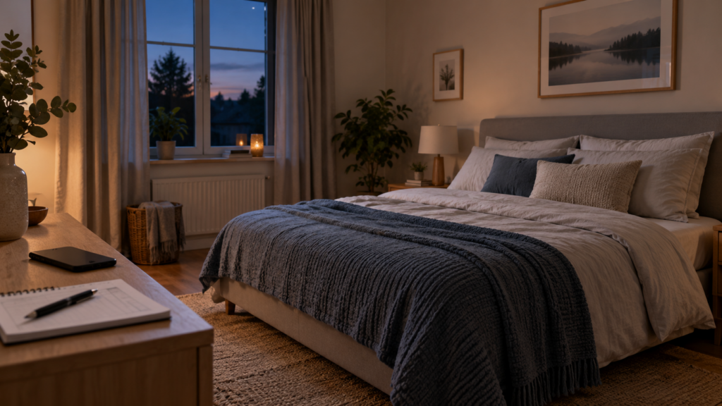 Ruhiges Schlafzimmer am Abend mit Smartphone und Schlaftagebuch zum Thema besser schlafen