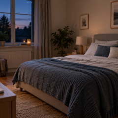 Ruhiges Schlafzimmer am Abend mit Smartphone und Schlaftagebuch zum Thema besser schlafen