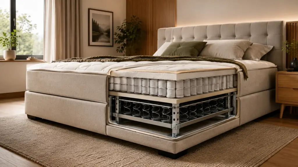 Boxspringbett als Schnittdarstellung mit sichtbaren Metallfedern in Matratze und Untergestell.
