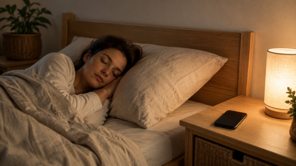 Schlafende Person mit Smartphone auf dem Nachttisch neben dem Bett