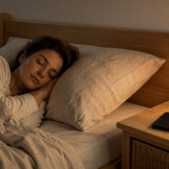 Schlafende Person mit Smartphone auf dem Nachttisch neben dem Bett