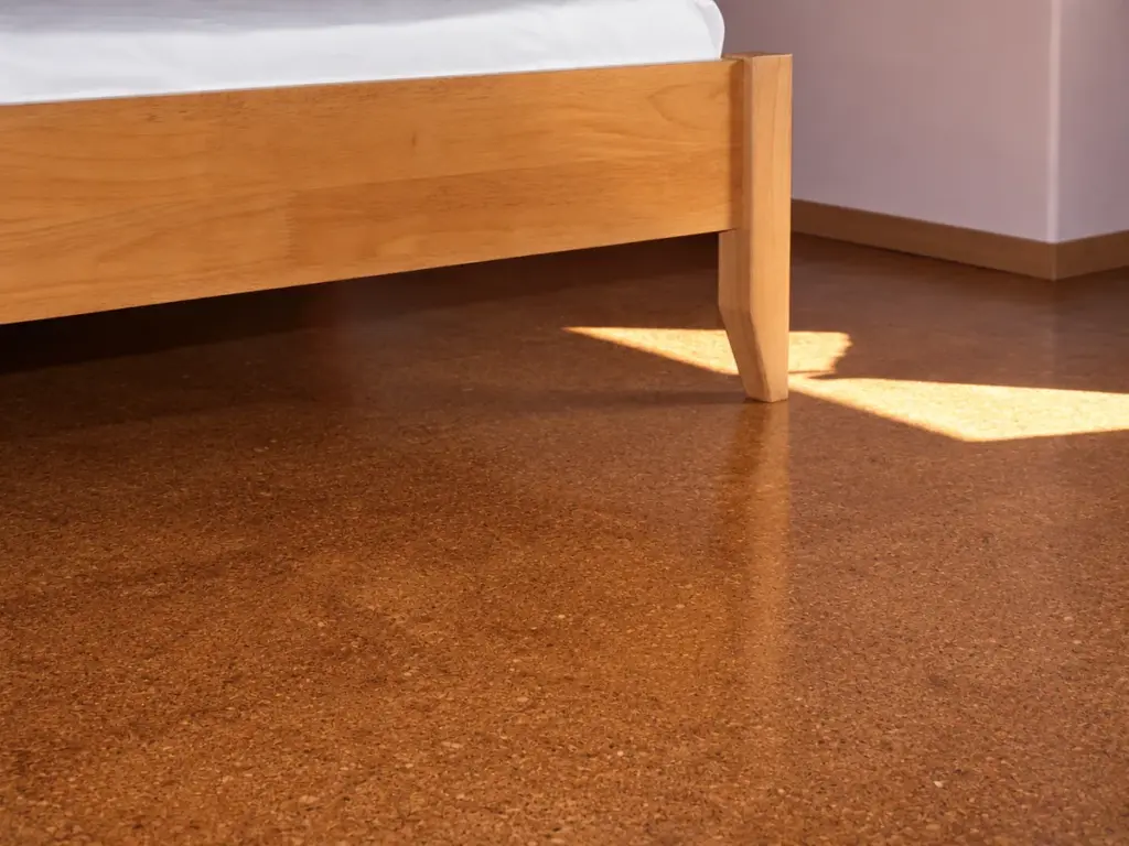 Warmbraunes Korkparkett unter einem Holzbett, mit sichtbarer Korkstruktur und seitlich einfallendem Sonnenlicht.