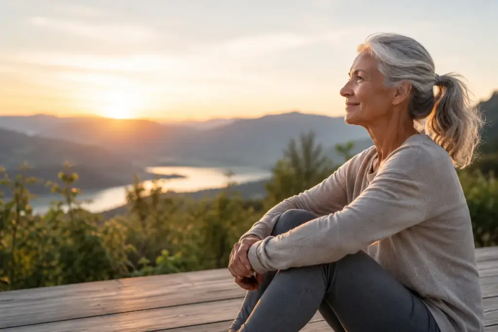 Ältere Frau mit grauen Haaren sitzt bei Sonnenaufgang entspannt in einer Berglandschaft und blickt auf einen See.