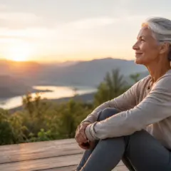 Ältere Frau mit grauen Haaren sitzt bei Sonnenaufgang entspannt in einer Berglandschaft und blickt auf einen See. Thema Logevity