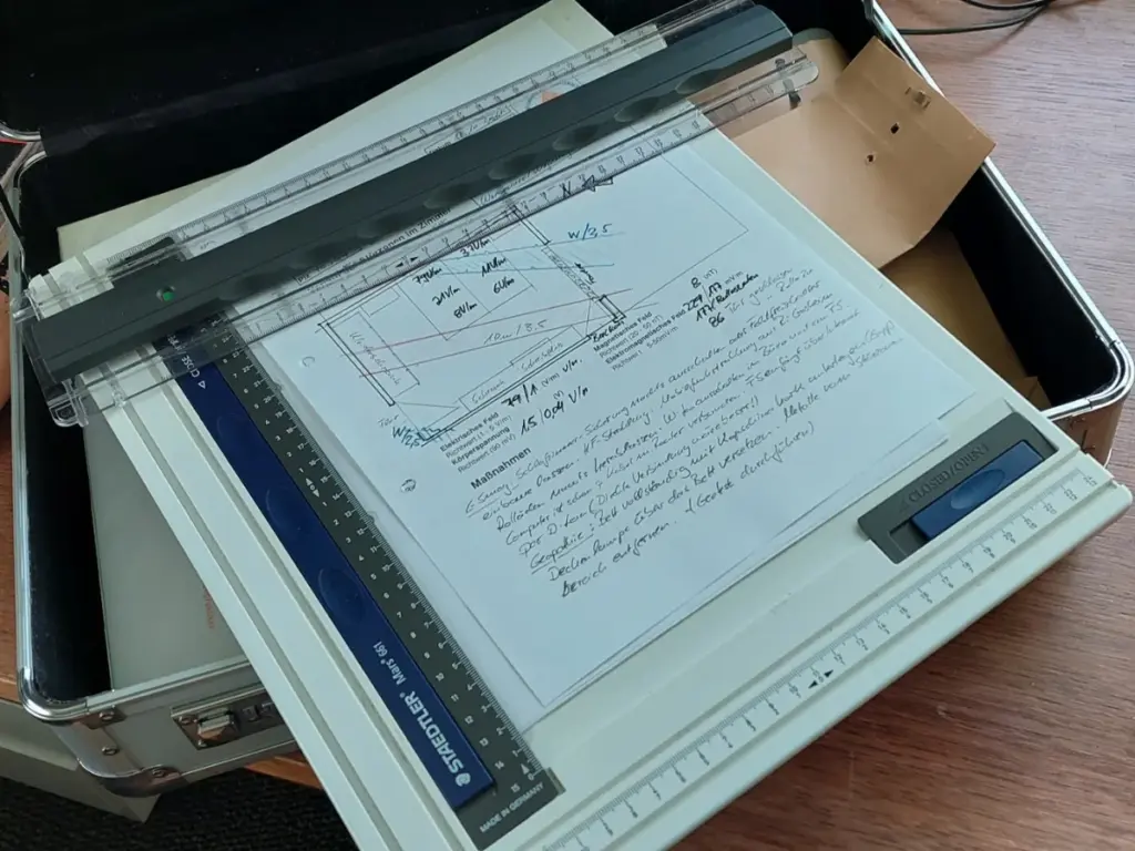 Untersuchungsprotokoll mit Raumskizze und handschriftlichen Notizen auf einem Zeichenbrett.